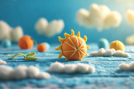 Cotton wool ball on blue wooden background. Minimalistic conceptの素材