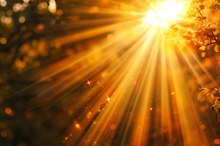 abstract autumn background with sun rays and bokeh defocused lightsの素材