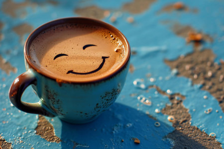 Coffee cup with smiley face on blue background, close upの素材