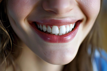 Close up of young woman smiling with healthy teeth. Dental care concept.の素材