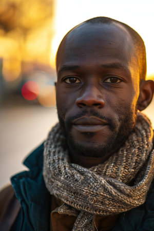 Portrait of a young african man in a coat and scarfの素材