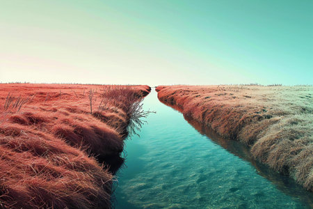 Landscape with river and grass in winter. Toned image.の素材