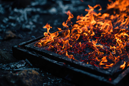 Burning coals in a campfire. Close-up.の素材