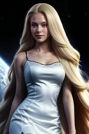 a beautiful woman with long blond hair in a white dressの素材