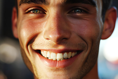Close-up portrait of a smiling young man with white teeth.の素材