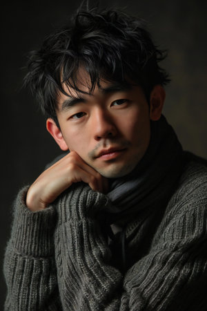 Portrait of an Asian man in a gray sweater, studio shotの素材