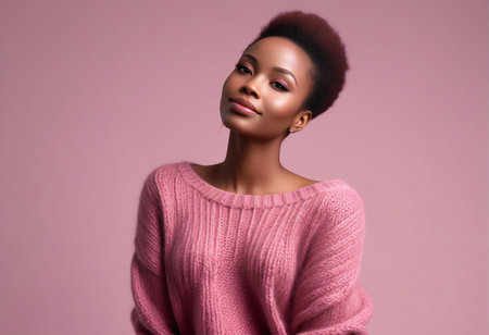 Beautiful african american woman in pink sweater on pink backgroundの素材