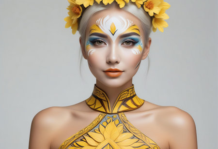Fashion art portrait of beautiful girl with creative make up and flowers in hairの素材
