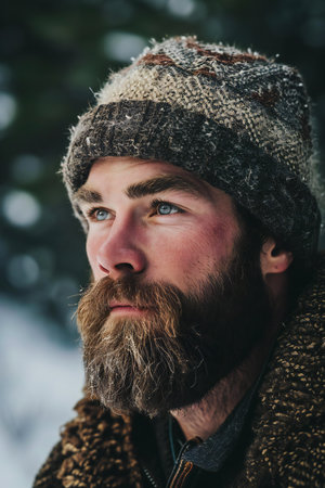 Bearded man, long beard, brutal caucasian hipster with moustache in knitted hat and scarf on winter forest backgroundの素材