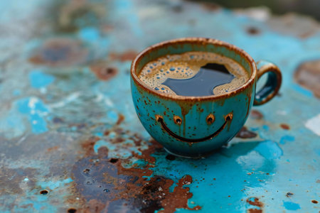 Coffee cup on a rusty background, close-up shotの素材