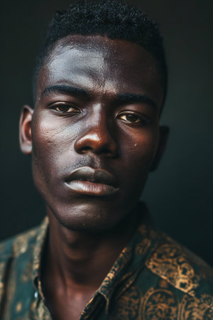 Portrait of a young african man in a green jacket.の素材