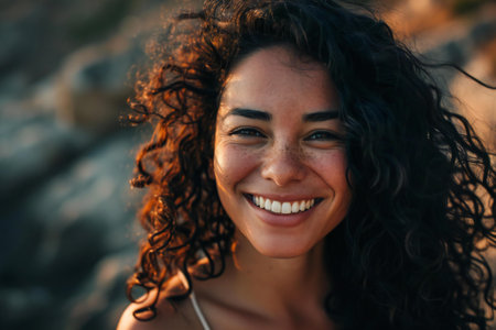 Close-up portrait of a beautiful girl with curly hair on the beachの素材