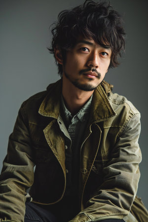 Portrait of a handsome asian man in khaki jacket.の素材