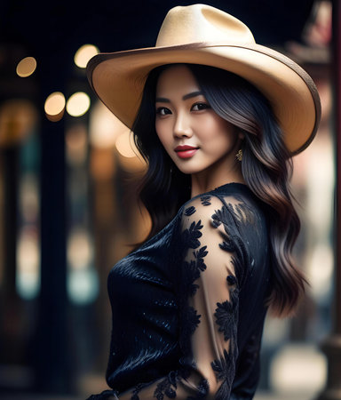 Portrait of a beautiful asian woman wearing hat and black dressの素材
