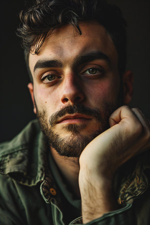 Portrait of a handsome man with a beard on a black backgroundの素材