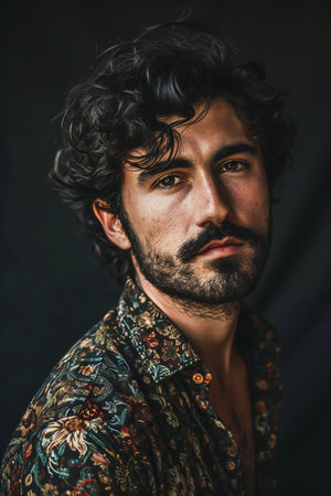 Portrait of a handsome young man with long curly hair and beard.の素材