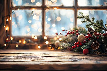 Christmas tree branches with decorations on a rustic wooden table in front of the windowの素材
