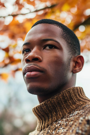 Close-up portrait of a young african american man in autumn park.の素材