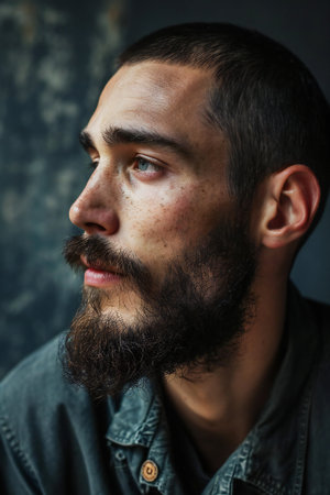 Portrait of a handsome man with a beard on a dark backgroundの素材