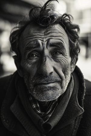 Portrait of an old homeless man in the street. Black and white.の素材