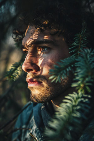 Portrait of a handsome young man in the forest. Men's beauty, fashion.の素材