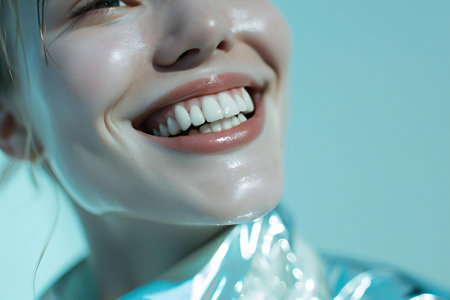 Close up of smiling girl with great white teeth on blue background.の素材