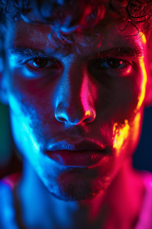 Close-up portrait of a man with blue and red light.の素材