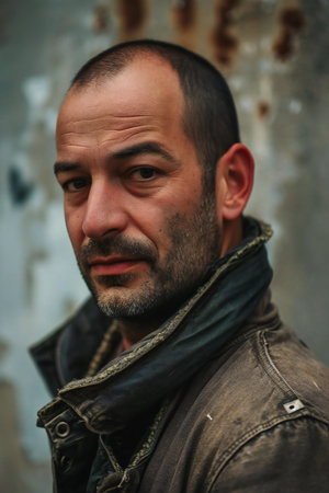 Portrait of a man in a jacket on an industrial background.の素材