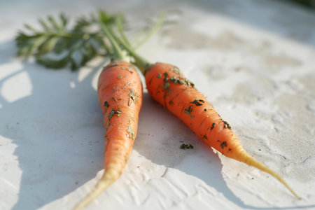 Fresh carrots on a white background. Shallow depth of field.の素材