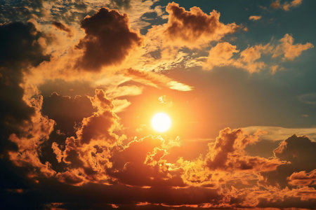 Beautiful sunset with clouds and sun in the sky. Nature backgroundの素材