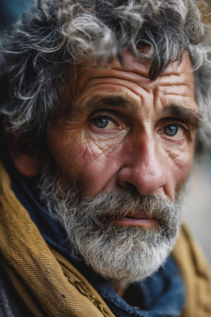 Portrait of an old man with gray hair and a beard on the streetの素材