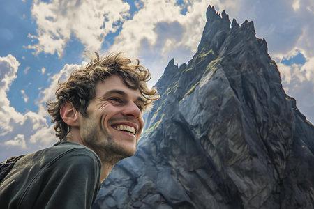 Portrait of a young man smiling against the background of a mountain landscapeの素材