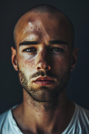 Portrait of a young man with a serious expression on his faceの素材