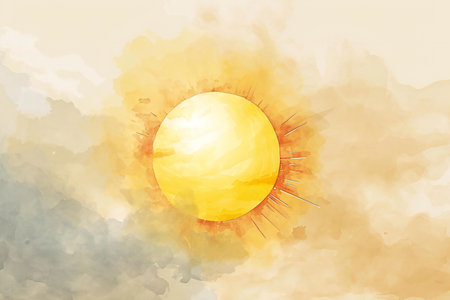 Watercolor illustration of the sun in the sky. Watercolor background.の素材