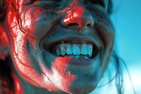 Smiling girl with white teeth and red blood on her mouth.の素材