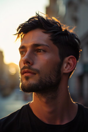 Portrait of a handsome young man in the city at sunset.の素材
