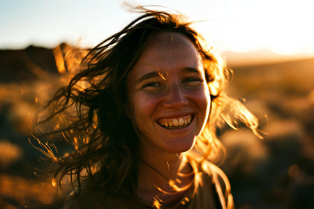 Close-up portrait of a beautiful smiling young woman with long hair in the field at sunsetの素材
