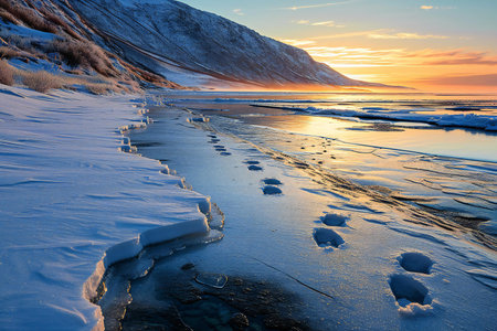 Winter landscape with frozen lake at sunset. Iceland, Europe. Beauty world.の素材
