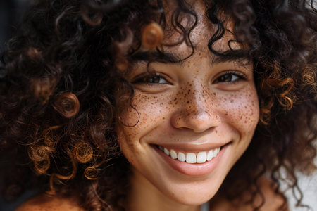 Close up portrait of a smiling young woman with curly hair looking at cameraの素材