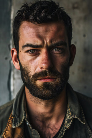 Portrait of a brutal man with a beard in a leather jacketの素材