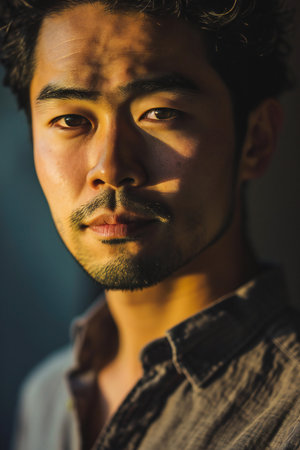 Portrait of a handsome young man with black hair. Close-up.の素材