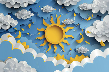 Paper art of sun and clouds on blue background.の素材