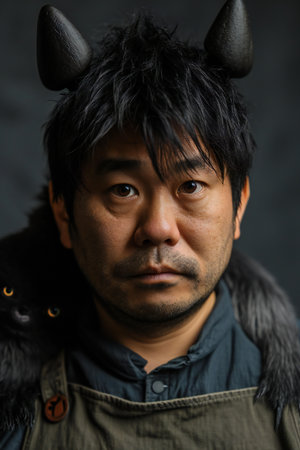 Asian man with black cat and devil on dark background, Halloween conceptの素材