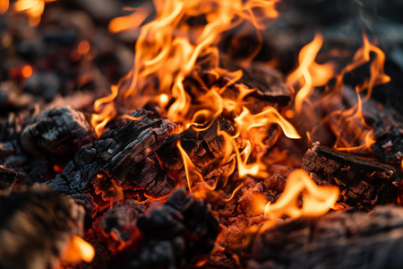 Burning coals in a campfire close-up. Backgroundの素材