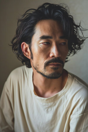 Portrait of a man with black hair and white t-shirtの素材
