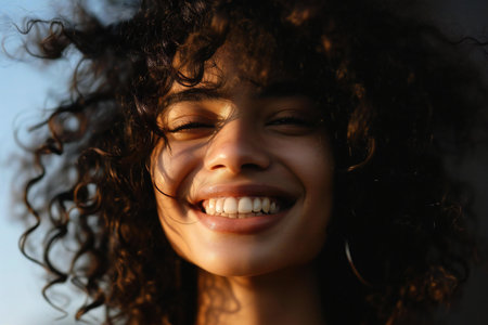 Close up portrait of a beautiful young woman with curly hair smiling.の素材