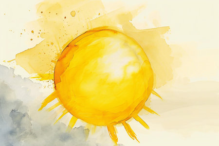 Watercolor yellow sun on a white background. Hand drawn illustration.の素材