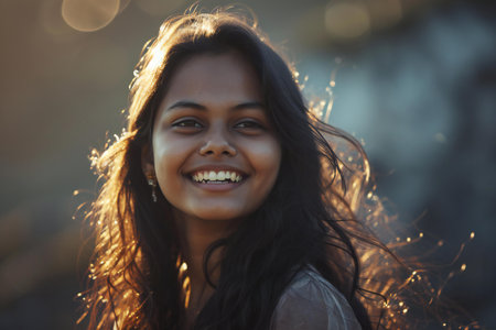 Portrait of a beautiful young indian woman smiling and looking at camera.の素材