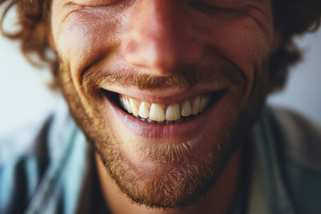 Close up of smiling man with healthy teeth. Concept of dental care.の素材