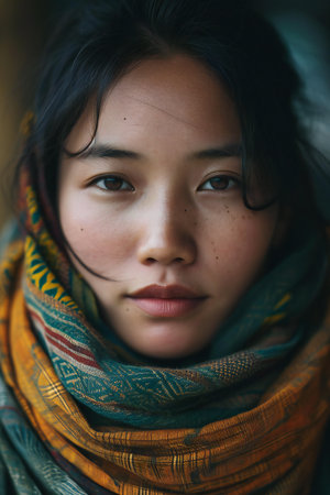 Portrait of a beautiful young Asian woman in a colorful scarf.の素材